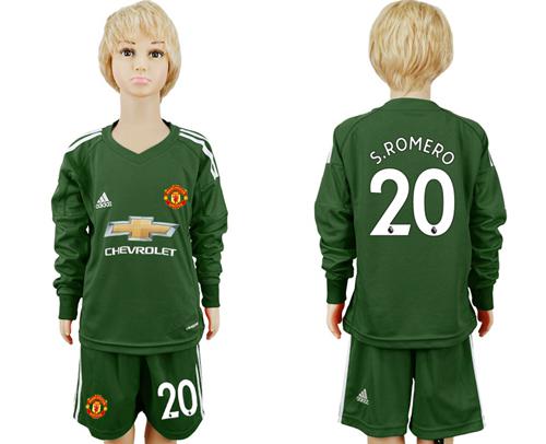 Manchester United #20 S.Romero Green Goalkeeper Long Sleeves Kid Soccer Club Jersey - Click Image to Close